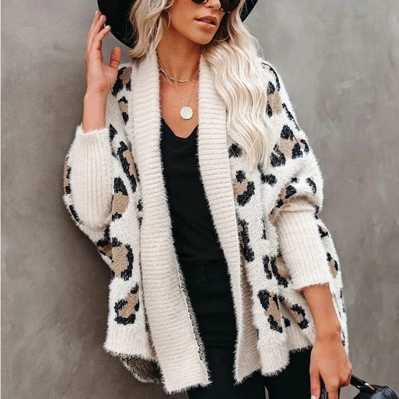fuzzy women leopard animal print chunky knit jacket open front - Picture 7 of 15